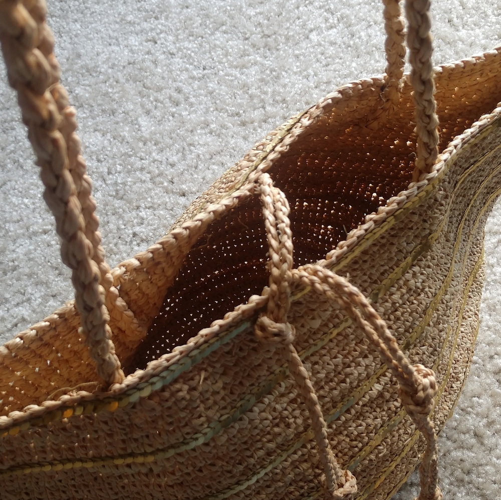 J. Crew Straw Market Basket Woven Wicker Sequins - Picture 4 of 6